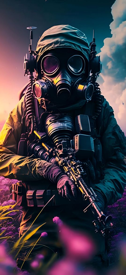 soldier, stalker, gas mask, weapons, flowers, clouds, sky, ai, art