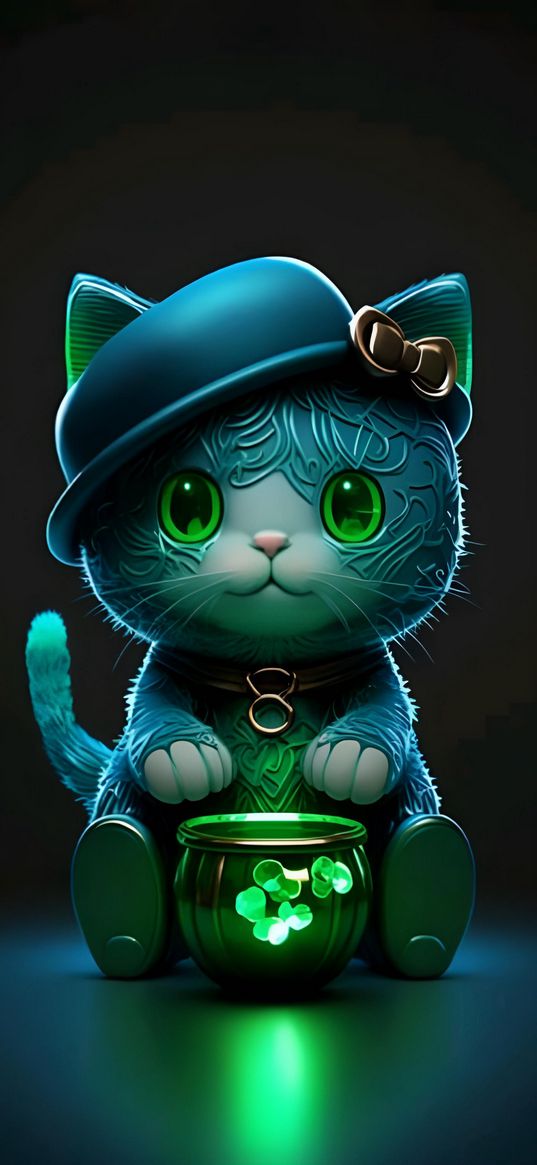 cat, pot, hat, green, dark background, ai, art