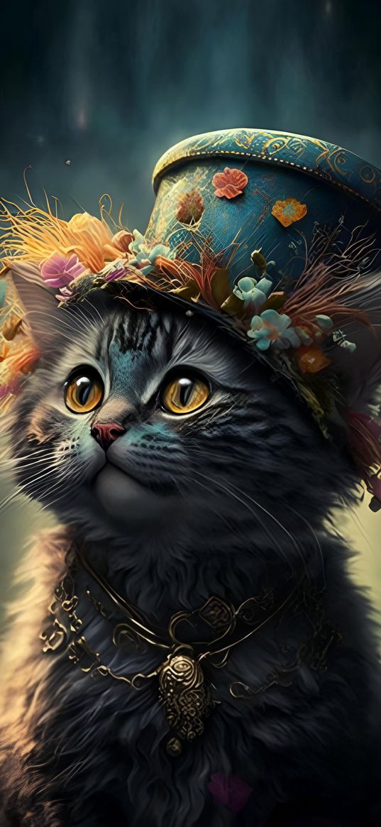 kitten, hat, flowers, ai, art