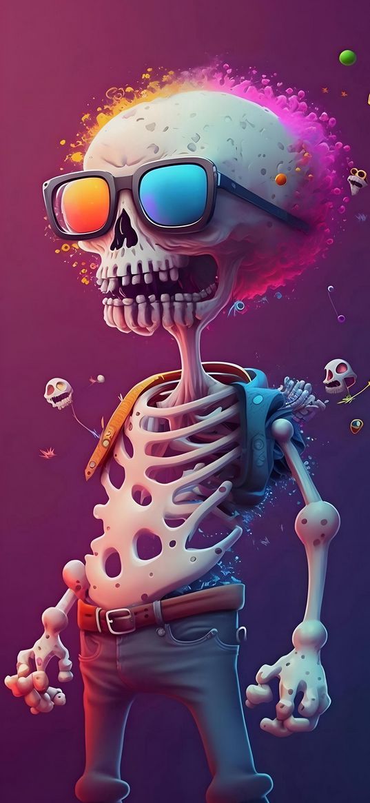 skeleton, glasses, pants, purple background, ai, art