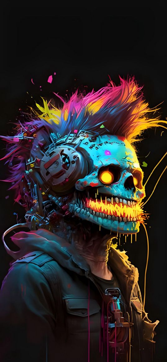 skull, skeleton, punk, mohawk, headphones, bright, colorful, ai, art