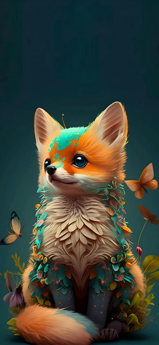 fox, butterflies, flowers, ai, art