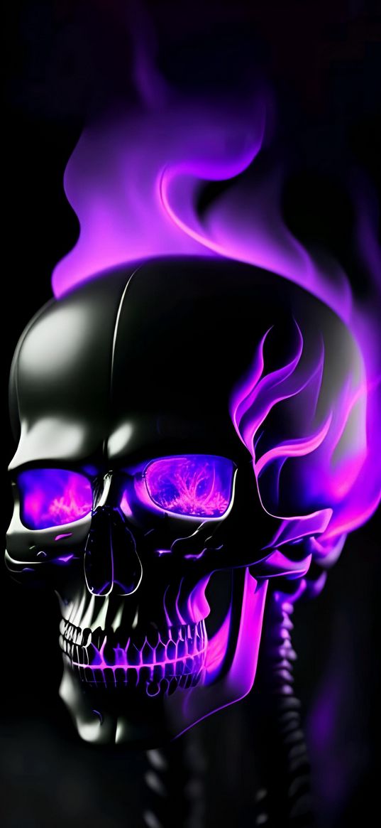 skull, skeleton, fire, flame, black, purple, ai, art