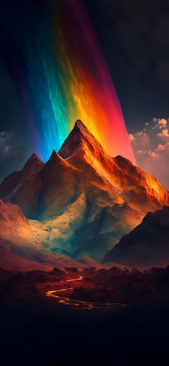 mountains, valley, rainbow, clouds, sky, landscape, fantasy, art