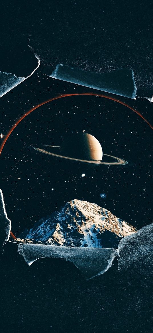 portal, mountain, planet, saturn, starry sky