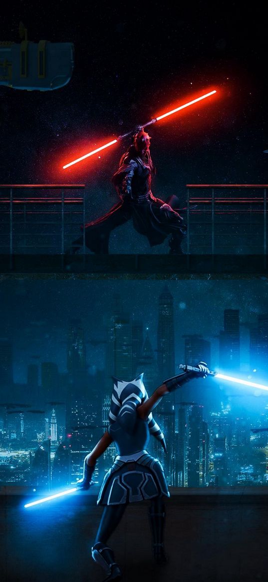 darth mall, ahsoka, star wars, lightsabers, city, night