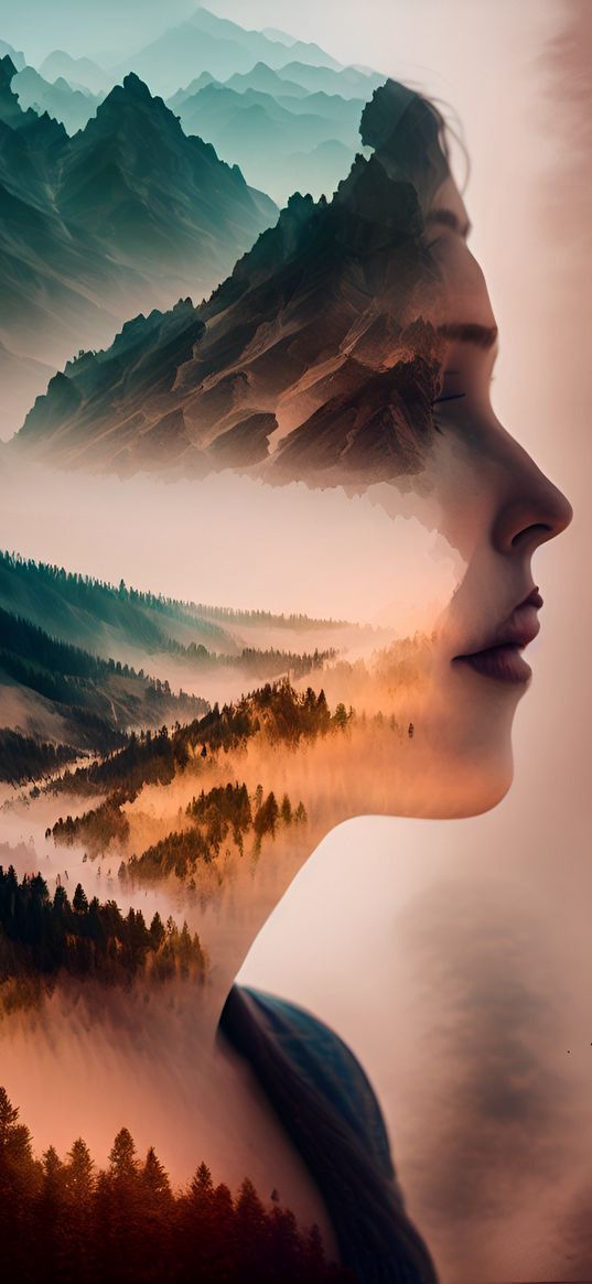 girl, portrait, forest, overlay, art