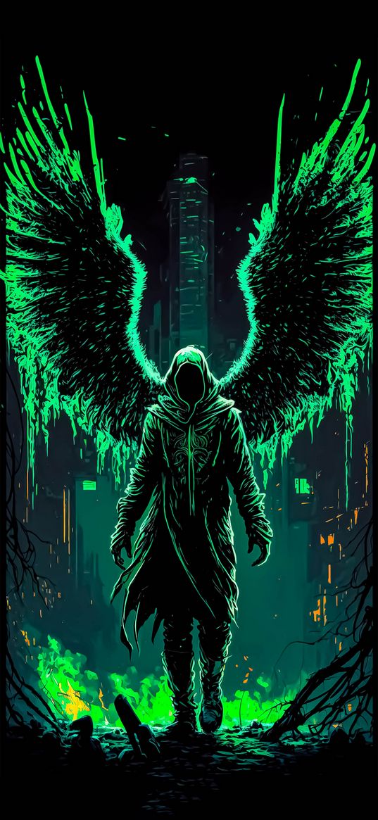 man, hood, wings, city, neon, green, art