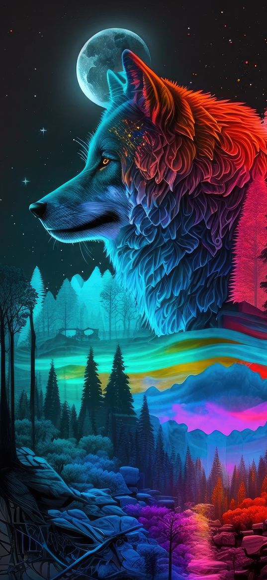 wolf, trees, moon, night, art