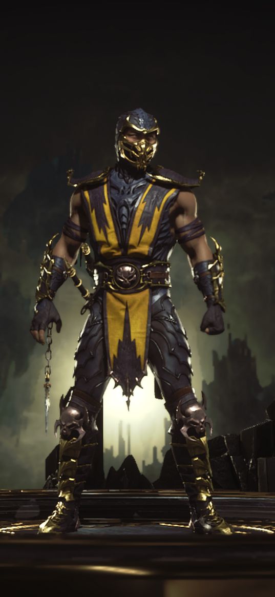 mortal kombat, scorpion, nostalgia, chain, yellow, black, gold, time