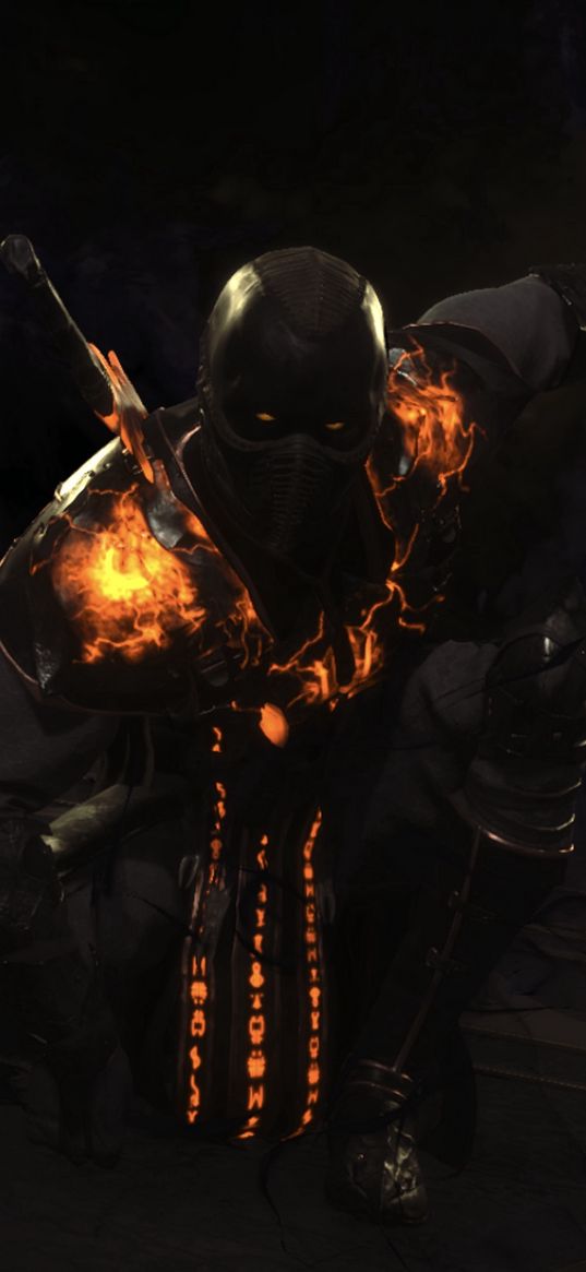 noob saibot, mortal kombat, dark, orange, black, silver, evil, sickle