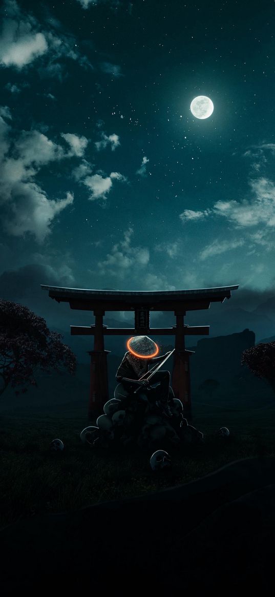 samurai, japan, moon, art