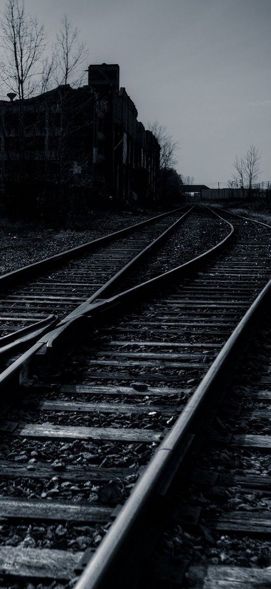 railway, sky, evening, black and white