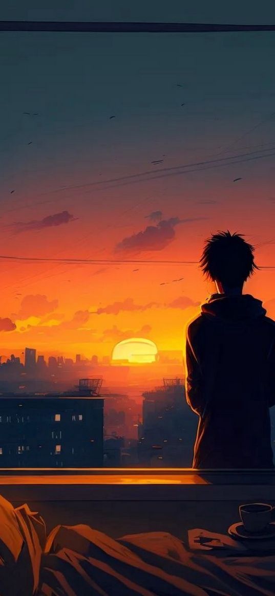 guy, roof, city, sun, sunset, ai, art