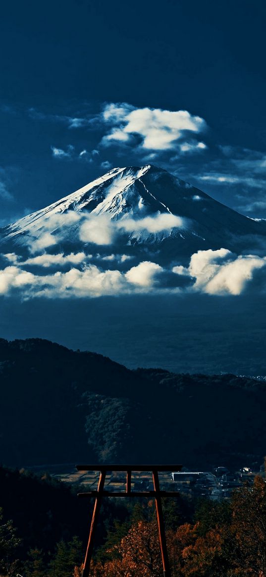 torii, trees, forest, city, valley, mountain, clouds, sky, landscape, nature