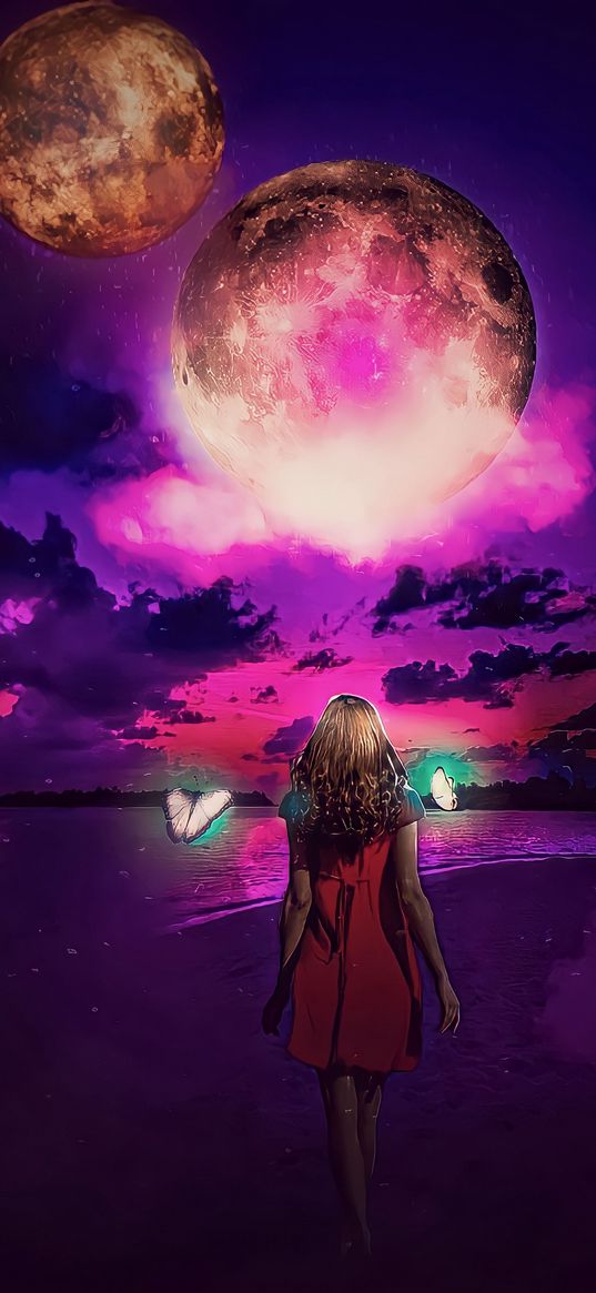 girl, beach, lake, butterflies, moon, clouds, sunset, purple, fantasy, art