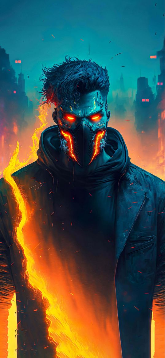 guy, mask, fire, flame, city, ai, art