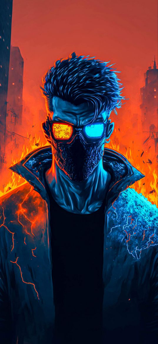 guy, mask, glasses, hairstyle, fire, city, ai, art