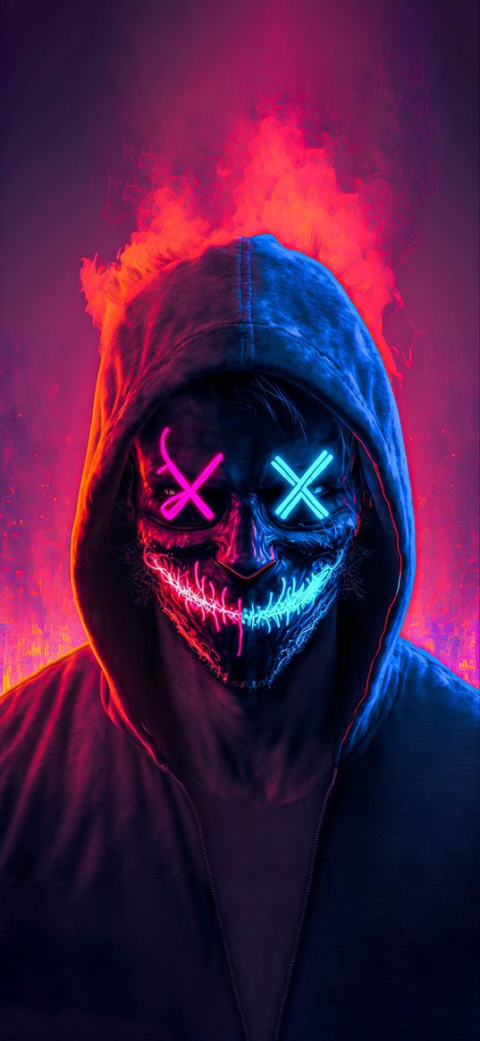 mask, neon, hood, hoodie, smoke, pink, blue, ai, art