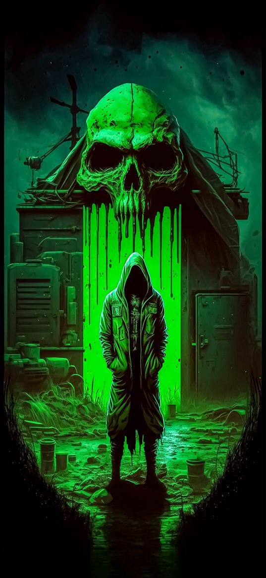 guy, hood, hoodie, skull, house, acid, green, ai, art