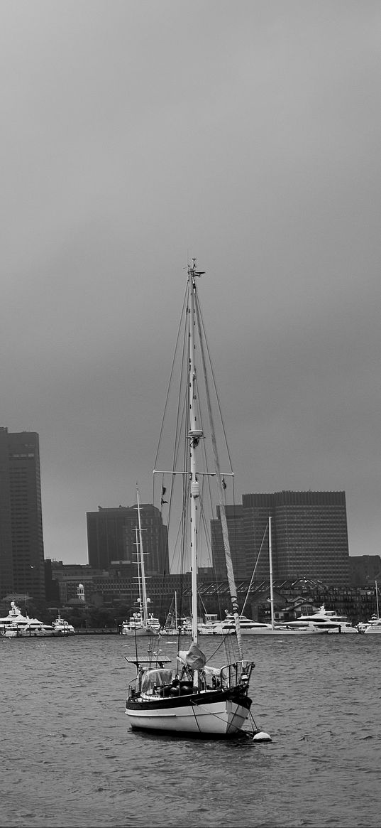 boat, mast, sea, buildings, city, black and white