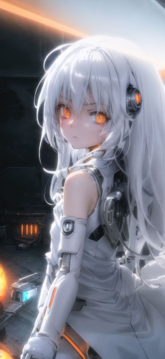 girl, cyborg, hair, eyes, headphones, light, anime