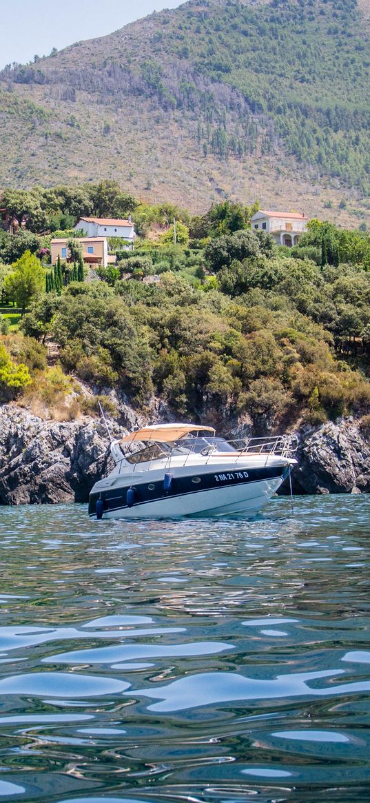 yacht, bay, sea, trees, mountains