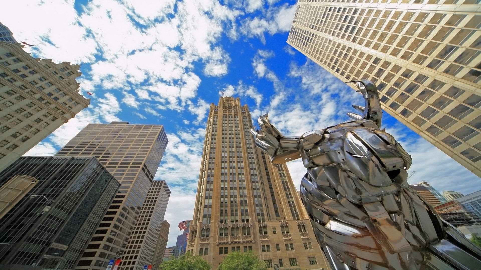 chicago, city, skyscrapers, blue, stone