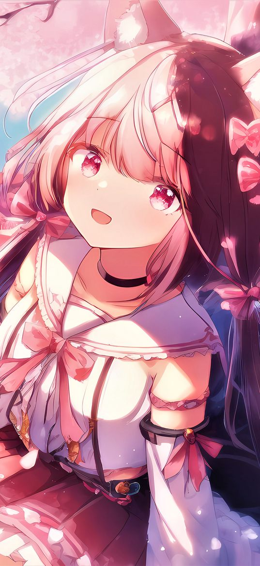 girl, smile, ears, bows, choker, anime