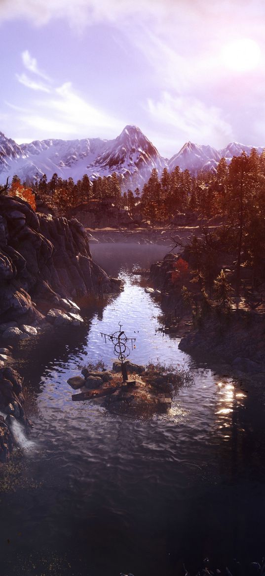 metro exodus, game, river, village, forest, mountains, landscape, nature, art