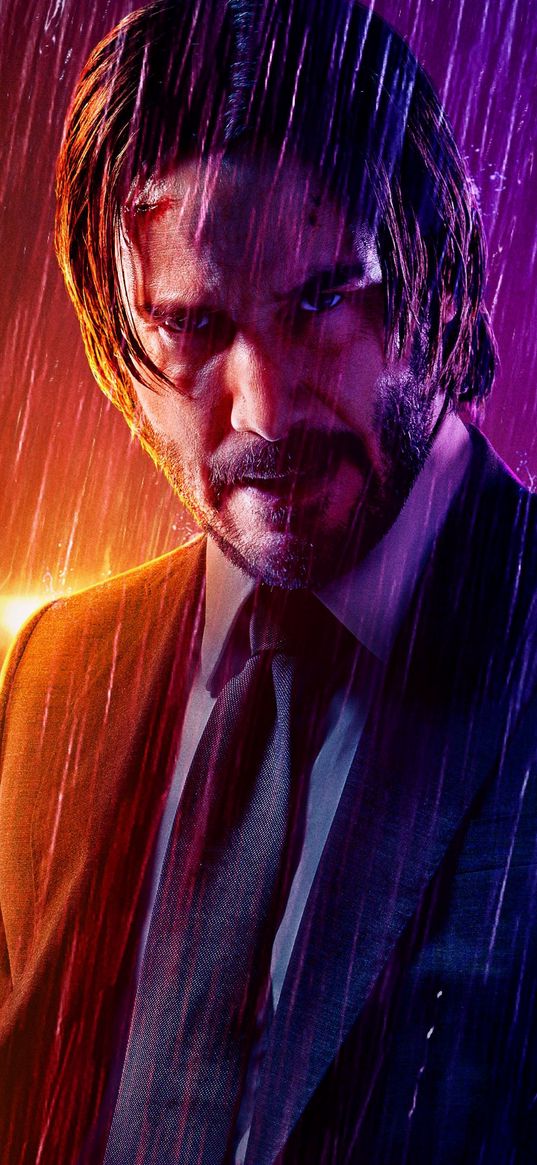 john wick, keanu reeves, film, actor, man, tuxedo, rain, light, poster, art