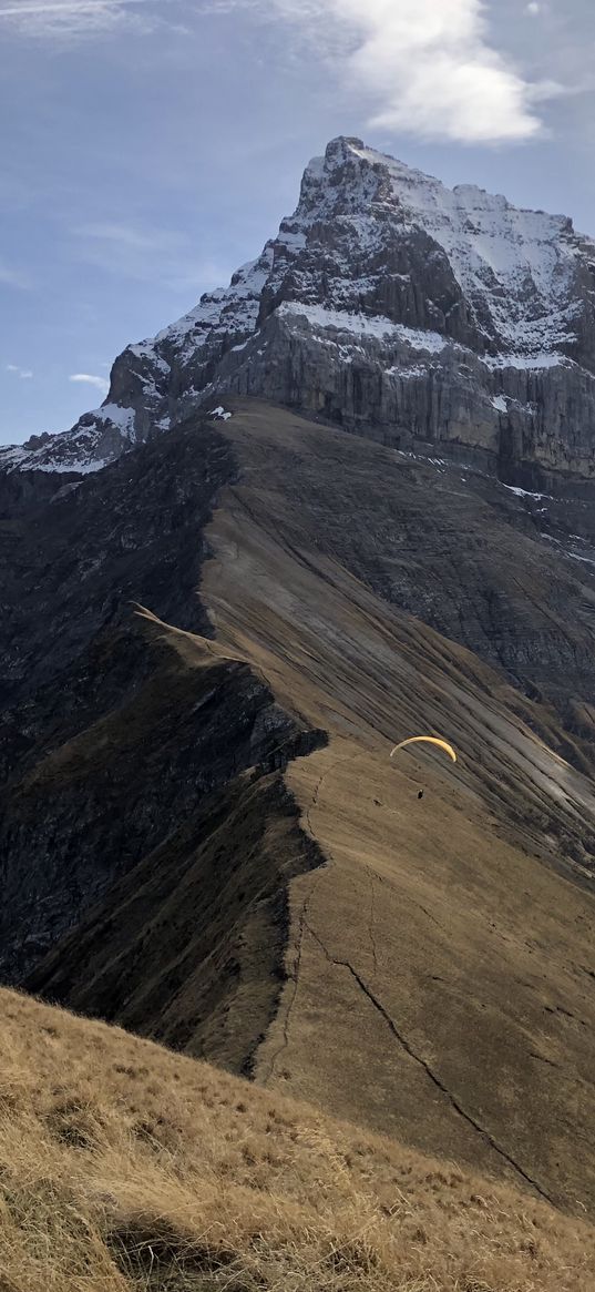 skydiver, flight, mountains, snow, clouds, sky, landscape, nature