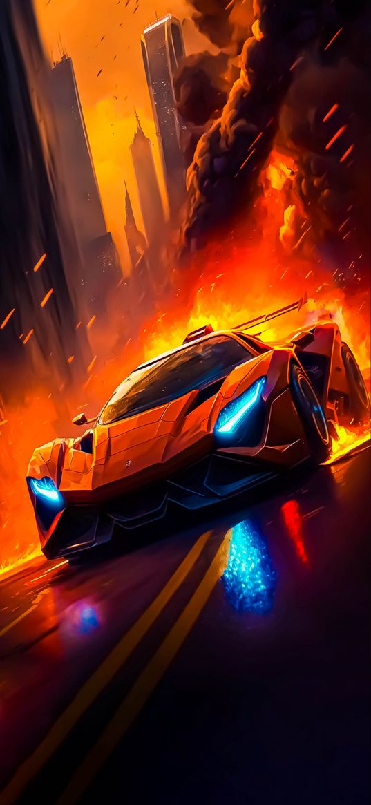 sports car, car, road, explosion, fire, city, ai, art