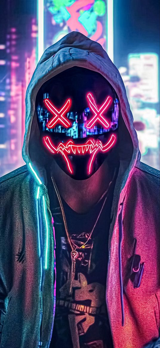 mask, neon, hood, hoodie, night, ai, art