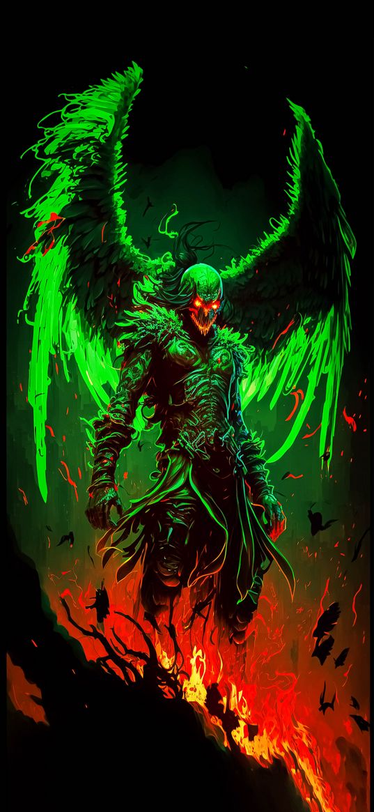 demon, monster, wings, fire, green, red, ai, art