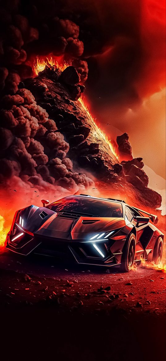 sports car, car, explosion, lava, fire, smoke, red, ai, art