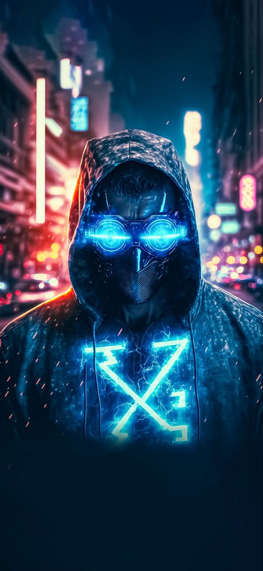 anonymous, mask, glasses, neon, hood, street, night, x, blue, ai, art