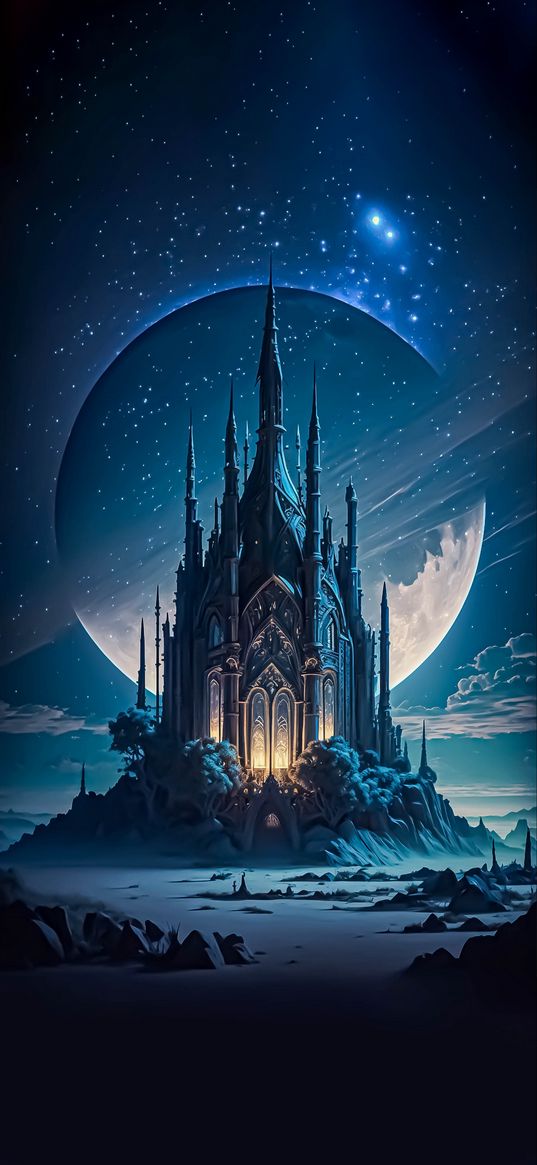 castle, moon, stars, night, fantasy, ai, art