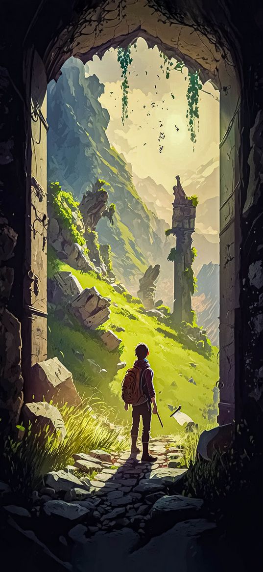 traveler, boy, cave, ruins, hill, fantasy, ai, art