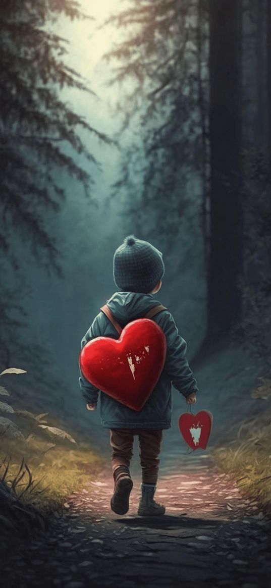 boy, heart, path, trees, forest, ai, art