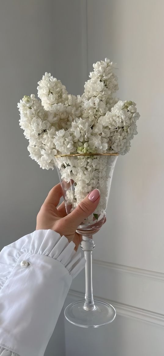 lilac, flowers, glass, manicure, aesthetics, white