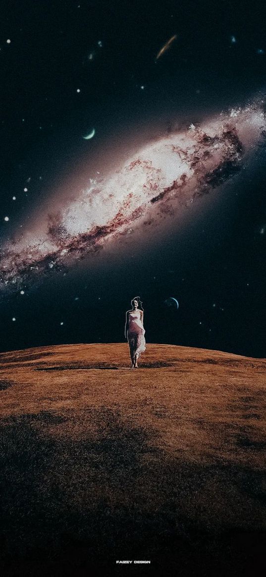 girl, mount, galaxy, stars, moons, night sky