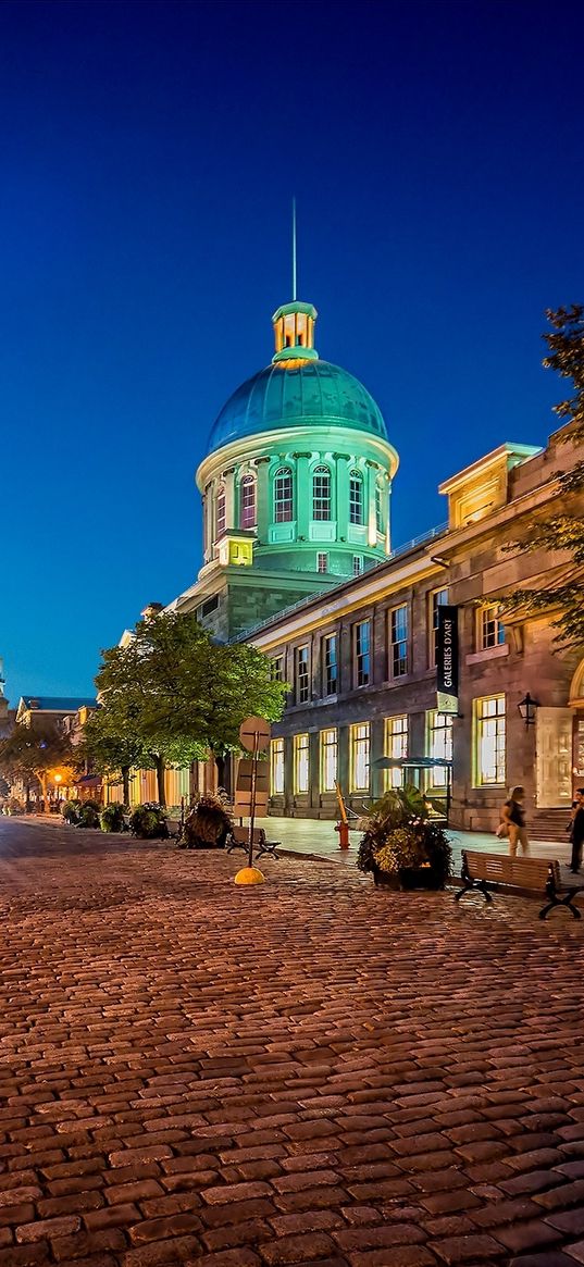 montreal, quebec, canada, city, night, lights, benches, street paving