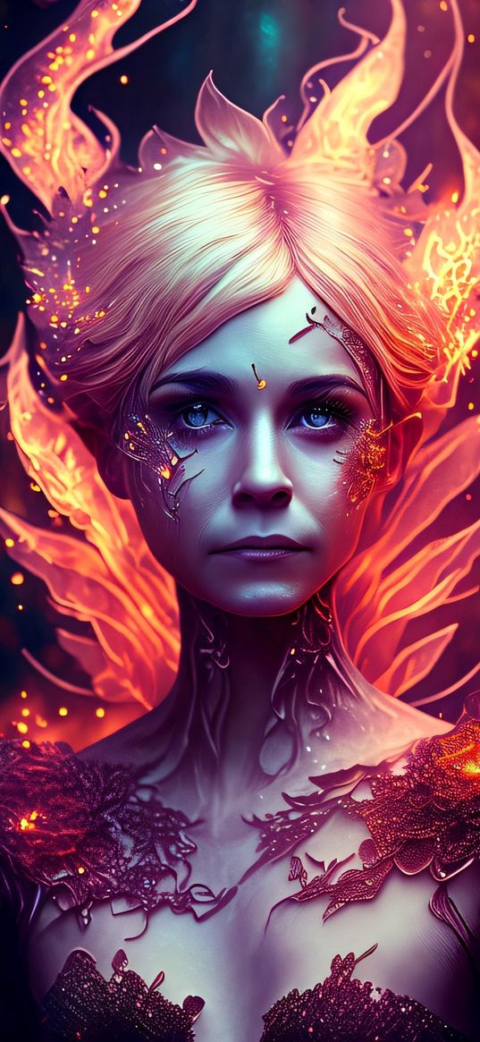 girl, fairy, petals, fire, sparks, orange, art