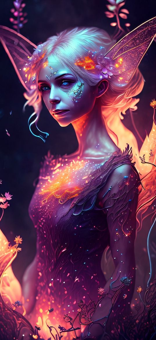 girl, fairy, flowers, wings, sparks, light, art