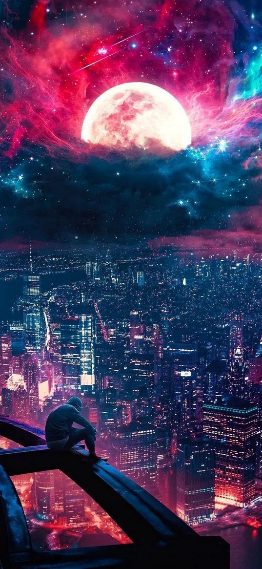 guy, city, buildings, lights, nebula, clouds, moon, stars