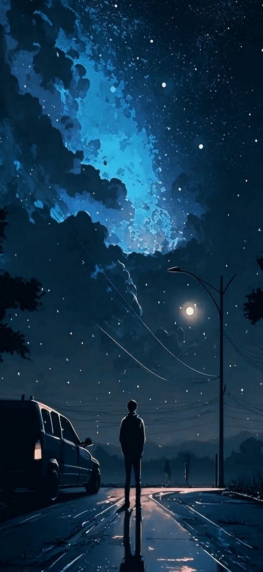 human, road, car, trees, electric pole, cloudy sky, stars, night, art