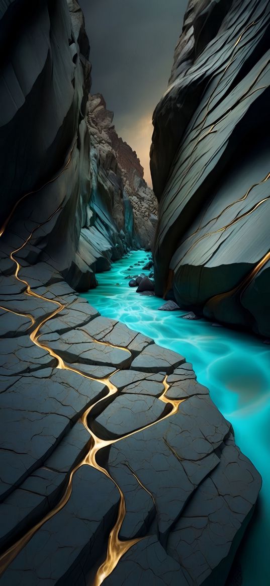 rocks, cracks, river, turquoise, art