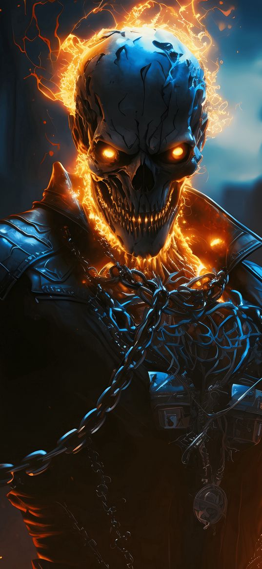 ghost rider, marvel, skull, skeleton, chains, fire, ai, art