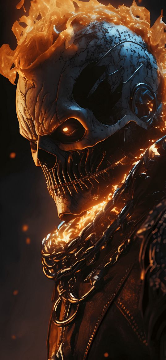 ghost rider, marvel, skull, skeleton, chains, fire, scary, ai, art